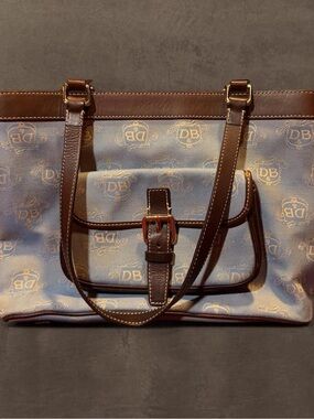 Dooney & Bourke Light Blue Logo Tote with Brown Trim